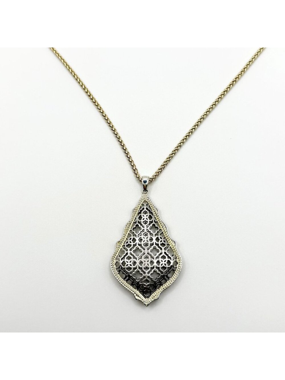 Kendra Scott Aiden Pendant Necklace Long Filigree Teardrop Design Silver & Gold
